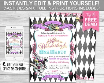 Alice in Wonderland Tea Party Invitation - INSTANT DOWNLOAD -  Edit & Print Yourself, Birthday Party, Baby Shower, Invite, White Rabbit