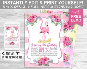 Flamingo Invitation - INSTANT DOWNLOAD - Partially Editable & Printable Invite Birthday Party, Baby Shower Invitation, Pink, Tropical