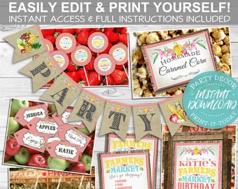 Farmers Market Party Pack - INSTANT DOWNLOAD - Edit & Print, Birthday Party Decorations, Decor, Shop Stall, Fruit, Vegetables, Lemonade