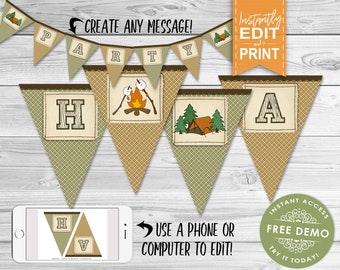 Camping Party Banner - INSTANT DOWNLOAD - Editable & Printable Birthday Campfire, Tent, Smores, Wilderness, Camp, Outdoor Party Decorations