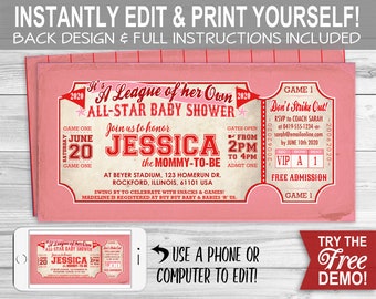 Baseball 'A League of Her Own' BABY Shower Invitation - INSTANT DOWNLOAD - Editable & Printable, Rockford Peaches, Party Invite, Girls, Pink