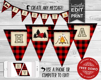 Camping Party Banner - INSTANT DOWNLOAD - Editable & Printable RED plaid, Birthday Campfire, Tent, Wilderness, Outdoor Decor, Decorations