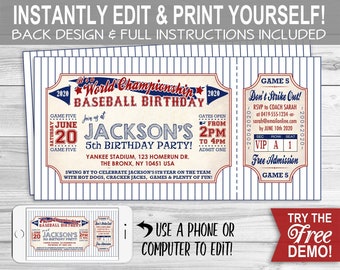 Baseball Ticket BIRTHDAY Invitation - INSTANT DOWNLOAD - partially Editable & Printable, Rookie, 1st Birthday, Party Invite, Boys, First