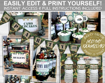 Army Men Party Pack - INSTANT DOWNLOAD - Edit& Print, Birthday Party Decorations, Decor, Labels, Banner, Tank, Soldier, Commando