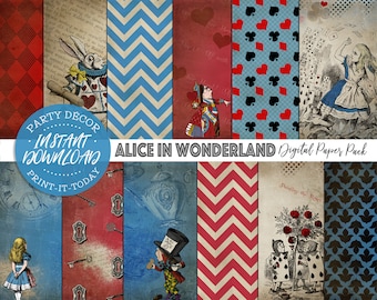 Alice in Wonderland Digital Papers Pack - INSTANT DOWNLOAD - Printable, Mad Hatter, Queen of Hearts, Birthday, Planner, Stickers, Invitation