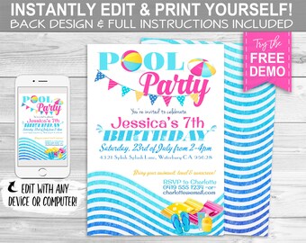 Pool Party Invitation - INSTANT DOWNLOAD -  Editable & Printable Birthday Party, Summer, Swimming, Beach Ball, Boys Girls Invite, Splash,