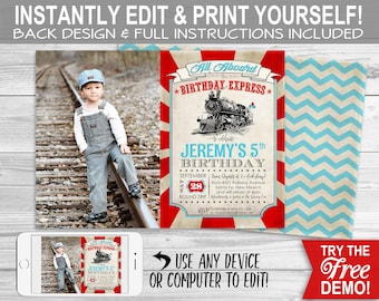 Birthday Express Invitation - INSTANT DOWNLOAD - Edit & Print, Photo, Picture, Printable Boys Birthday Party Invite, Train, All Aboard,