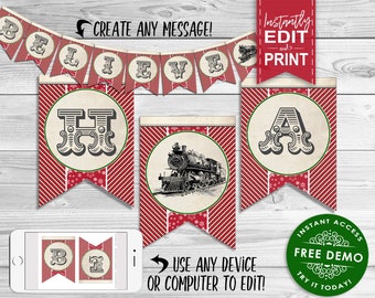 Polar Express Banner RED - INSTANT DOWNLOAD - Editable & Printable Decorations, Decor, Christmas, Birthday, Believe, Pennant, Train