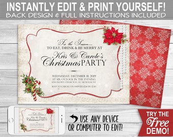 Classic Vintage Christmas Party Invitation - INSTANT DOWNLOAD - Partially Editable, Printable Traditional Elegant Xmas, Candy, Family Invite