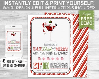 Santa Christmas Party Invitation - INSTANT DOWNLOAD - Edit & Print Today, Cocktail, Retro Xmas Party Invite, Eat Drink be Merry, Printable