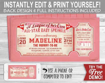 Baseball 'A League of Her Own' BABY Sprinkle Invitation - INSTANT DOWNLOAD - Editable & Printable, Rockford Peaches, Party Invite, Pink