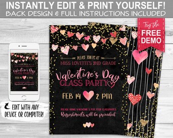 Valentine's Class Party Invitation - INSTANT DOWNLOAD - Editable & Printable, Chalk, Chalkboard, Valentine Day Invite, Hearts, School, Kids
