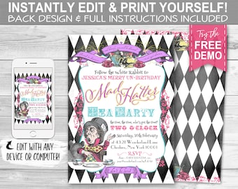 Mad Hatter Tea Party Invitation - INSTANT DOWNLOAD -  Edit & Print Yourself, Birthday Party, Baby Shower, Alice in Wonderland Invite