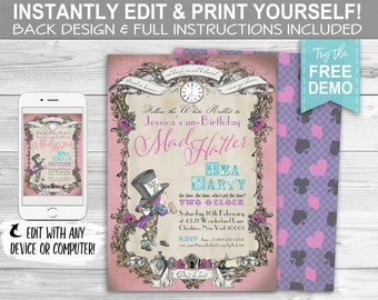 Mad Hatter Tea Party Invitation - INSTANT DOWNLOAD - Partially Editable, Printable, Birthday Invite, Pink Pastel, Edit & Print Yourself