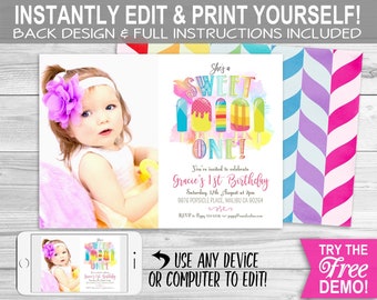 Popsicle 1st Birthday Photo Invitation - INSTANT DOWNLOAD - Edit& Print, Sweet One, Birthday, Invite, Summer, Ice Cream, First, Rainbow