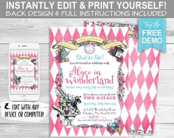 Alice in Wonderland 'Your Name' Birthday Invitation - INSTANT DOWNLOAD -  Editable & Print Yourself, Party Pink Invite, White Rabbit, Edit