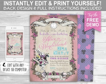 Alice in Wonderland Tea Party Invitation - INSTANT DOWNLOAD- Partially Editable & Printable, Pink Pastel, Birthday Invite, White Rabbit