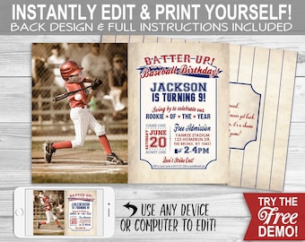 Vintage Baseball Invitation - INSTANT DOWNLOAD - Edit & Print, Photo, Picture, Rookie, Birthday Party Invite, Batter Up, Printable, Ballgame