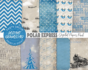 Polar Express Digital Papers Pack - INSTANT DOWNLOAD - Scrapbooking Card Making, Sheets, Christmas, Birthday Decorations, Party Decor, Train