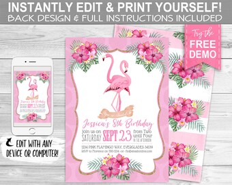 Flamingo Invitation - INSTANT DOWNLOAD - Partially Editable & Printable Invite Birthday Party, Baby Shower Invitation, Pink Gold, Tropical