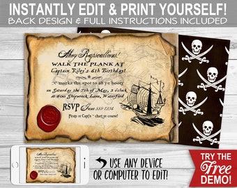 Pirate Birthday Party Invitation - INSTANT DOWNLOAD - Partially Editable & Printable Invite, Matey, Treasure Map, Ship, Scallywag, Pirates