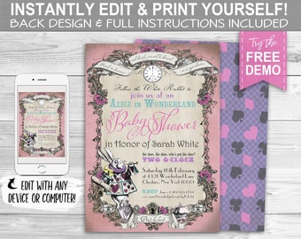 May include: Alice in Wonderland themed baby shower invitation with a pink and purple color scheme. The invitation features a white rabbit holding a pocket watch and a scroll. The text on the invitation reads "Follow the White Rabbit to join us at an Alice in Wonderland Baby Shower in honor of Sarah White". The invitation also includes the date, time, and location of the shower.