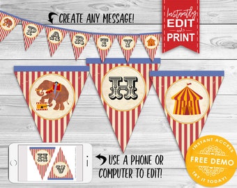 Vintage Circus Party Banner - INSTANT DOWNLOAD - Editable & Printable, Classic Combo, Birthday Decorations, Decor, Bunting, Big Top Tent