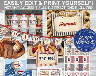 Vintage Baseball Party Pack - INSTANT DOWNLOAD - Editable & Printable, Decorations, Decor, Labels, Bunting, Water, Thank You, Food, Tags