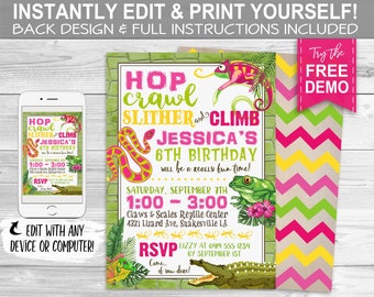 Reptile Invitation - INSTANT DOWNLOAD - Editable & Printable Girls Birthday Party Invite, Lizard, Frog, Snake, Chameleon, Hop, Crawl Slither