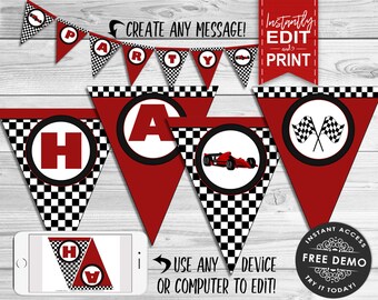 Racing Car Party Banner - INSTANT DOWNLOAD - Editable & Printable Birthday Party Decorations, Decor, Bunting, Grand Prix, Red Race Car