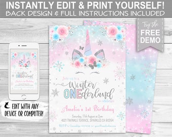 Winter Onederland Party Invitation - INSTANT DOWNLOAD - Editable & Printable, Unicorn First Birthday, Invite, 1st Bday, Pastel Snowflakes