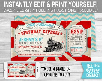 Birthday Express Invitation - INSTANT DOWNLOAD -  Editable & Printable Train, Locomotive, Choo Choo, Railway, Boys Birthday Party Invite