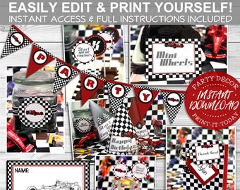 Racing Car Party Pack - INSTANT DOWNLOAD - Editable & Printable, Grand Prix, Red Race Car, Birthday Party Decorations, Decor, Banner, Labels