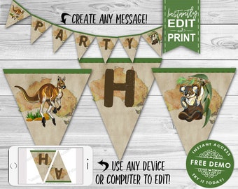 Australian Animals Party Banner - INSTANT DOWNLOAD - Edit & Print, Birthday Party Decor, Bunting, Decoration, Kangaroo Koala, Outback Aussie