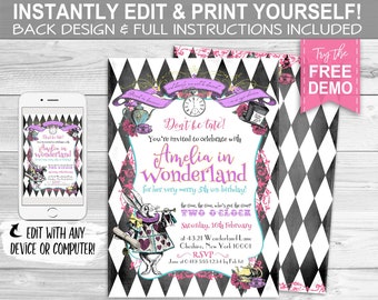 Alice in Wonderland 'Your Name' Birthday Invitation - INSTANT DOWNLOAD -  Editable & Print Yourself, Party Invite, White Rabbit, Edit Text