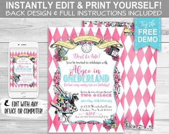 Alice in Onederland 1st Birthday Invitation - INSTANT DOWNLOAD -  Edit & Print Your Name, Tea Party, Wonderland, Pink Invite, White Rabbit