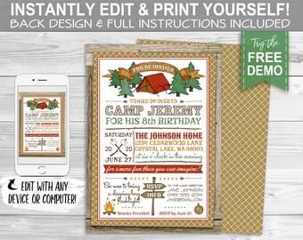 Camping Party Invitation - INSTANT DOWNLOAD -  Partially Editable & Printable Camp Out, Birthday Party Invite, Plaid, Wilderness, Summer