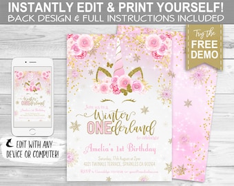 Winter Onederland Party Invitation - INSTANT DOWNLOAD - Editable & Printable, Unicorn First Birthday, Invite, 1st Bday, Pink Gold Snowflakes