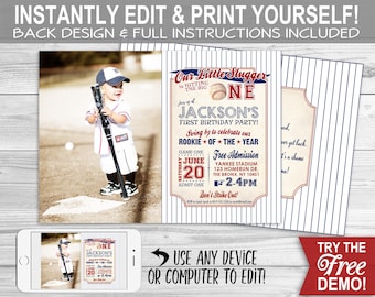 Baseball 1st Birthday Photo Invitation - INSTANT DOWNLOAD - Edit & Print, Picture, Rookie, Party Invite, Batter Up, Printable, First Bday