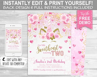 Unicorn Sweetheart 2nd Birthday Invitation - INSTANT DOWNLOAD - Editable & Printable, Valentine's Invite, Hearts, Two, Second Bday Valentine