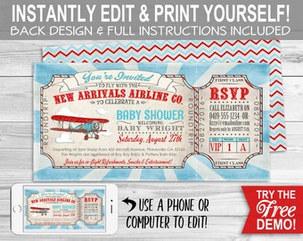 Vintage Airplane BABY SHOWER Invitation - INSTANT Download -  Editable & Printable Boys Aeroplane, Biplane, Airline Ticket Invite