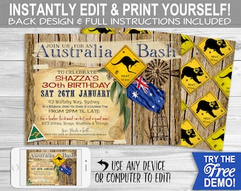 Australia Bash Party Invitation -  INSTANT DOWNLOAD - Partially Edit, Print, Family BBQ, Outback, Aussie Birthday, Invite, Kangaroo, Summer