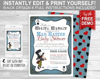 Mad Hatter Baby Shower Invitation - INSTANT DOWNLOAD - Editable & Printable Alice in Wonderland, Tea Party Invite, White Rabbit