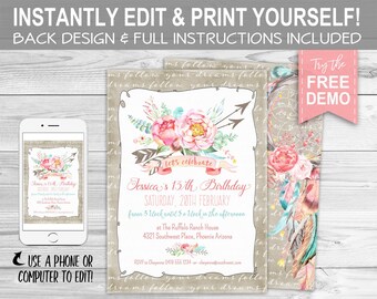 Boho Arrows Invitation, Birthday or Baby Shower - INSTANT DOWNLOAD - Editable & Printable, Southwest, Rustic, Floral, Party Invite, Dreams