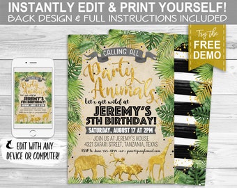 Safari-Party-Einladung – SOFORTIGER DOWNLOAD – bearbeitbare und druckbare Geburtstagseinladung, Elefant, Afrika, Löwe, Giraffe, Afrikaner, Dschungel, Tiere