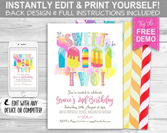 Popsicle 2nd Birthday Invitation - INSTANT DOWNLOAD - Editable & Printable, Second Birthday, Invite, Summer, Ice Cream, Sweet Two, Rainbow