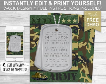 Army Party Invitation - INSTANT DOWNLOAD - Editable & Printable Boys Birthday Invite, Military, Camouflage, Soldier, Green, Dog Tags