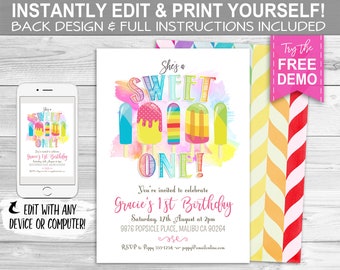 Popsicle 1st Birthday Invitation - INSTANT DOWNLOAD - Editable & Printable, Sweet One, Birthday, Invite, Summer, Ice Cream, First, Rainbow