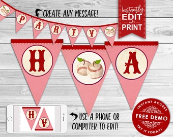 Girls Baseball Rockford Peaches Party Banner - INSTANT DOWNLOAD - Edit & Make, Printable, Birthday Party, Baby Shower, Decor, Bunting