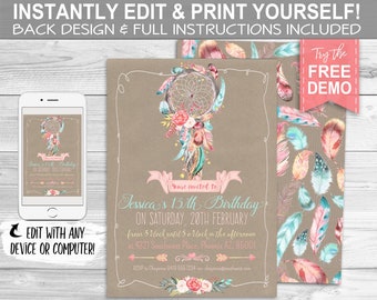 May include: A printable 5x7 inch invitation for a 13th birthday party featuring a dreamcatcher, feathers, and floral accents. The invitation is designed in a boho style with a brown background and pink and blue accents. The text on the invitation reads "You're invited to Jessica's 13th Birthday on Saturday, 20th February from 3 o'clock until 5 o'clock in the afternoon at 4321 Southwest Place, Phoenix AZ, 85001. RSVP to Cheyenne 0419 565 1234 or cheyerre@southwest.com".
